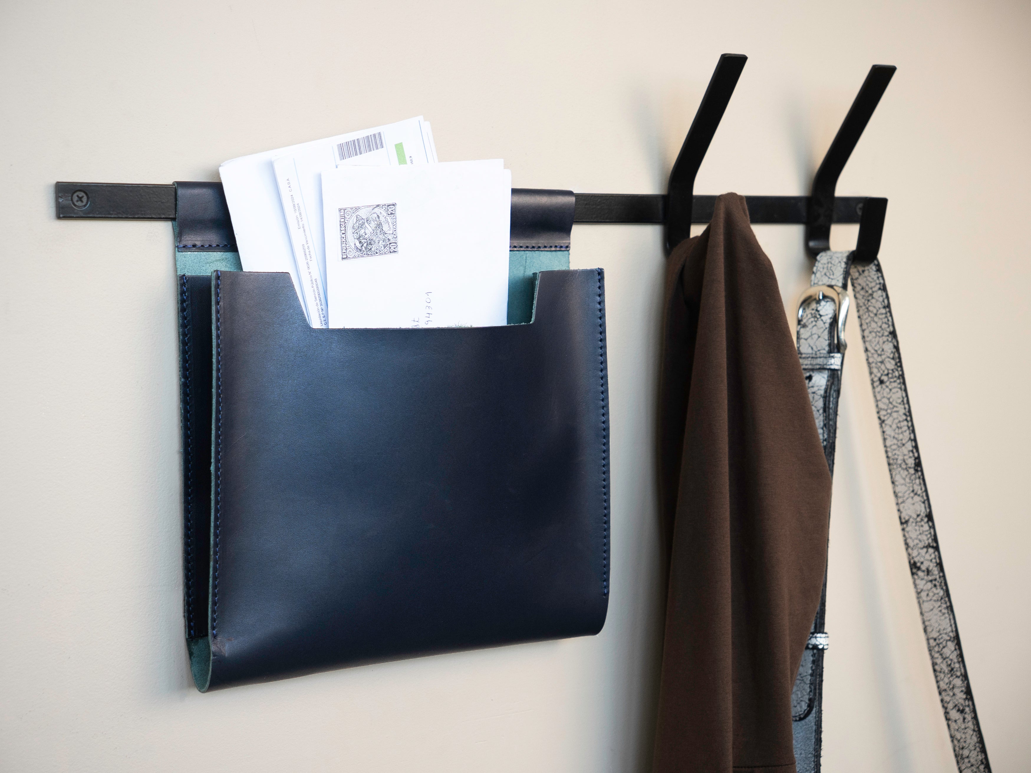 Large Leather Wall Pocket with hooks
