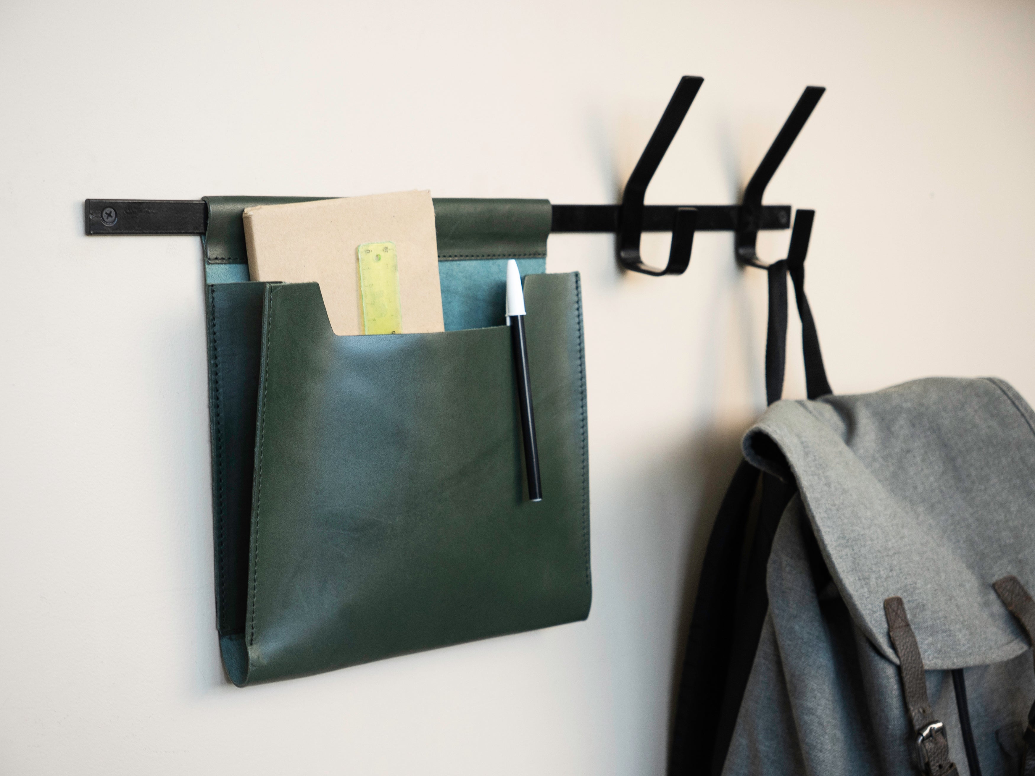 Large Leather Wall Pocket with hooks