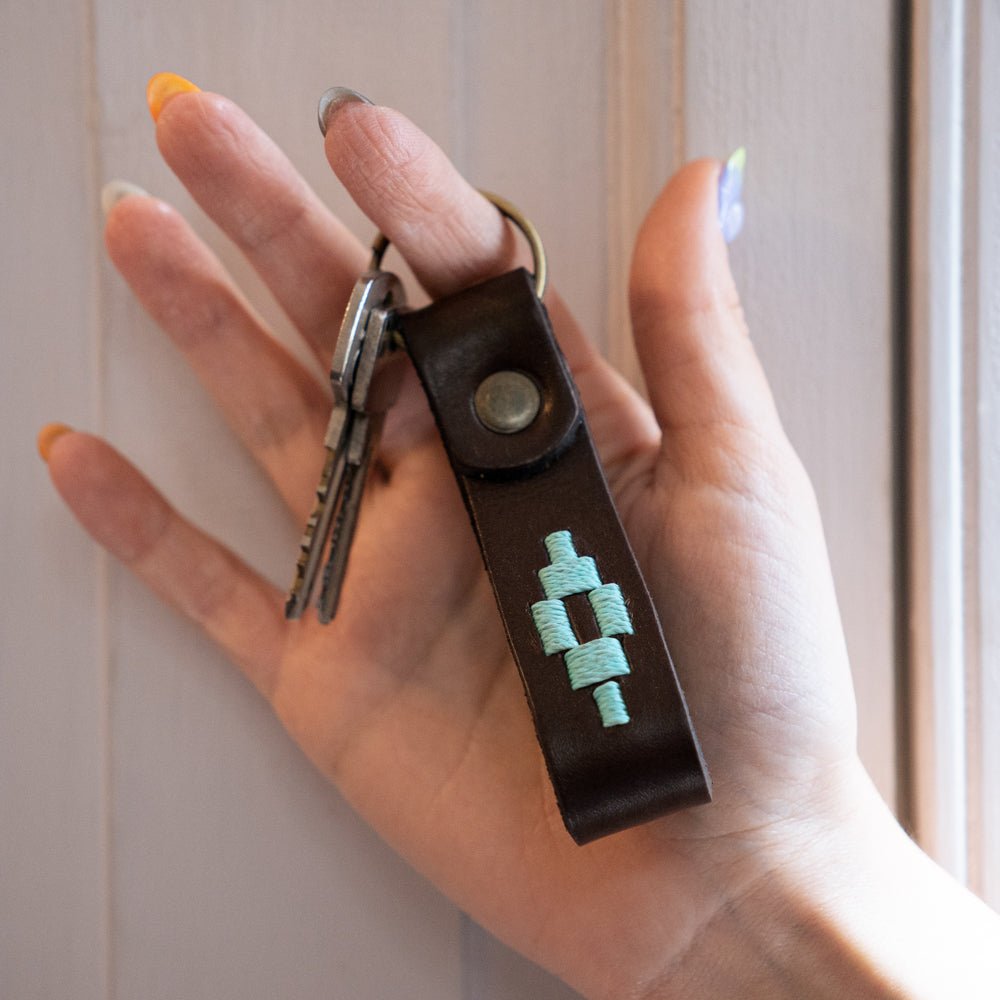 Embroidered Brown Leather KeychainAqua GreenGaucholife