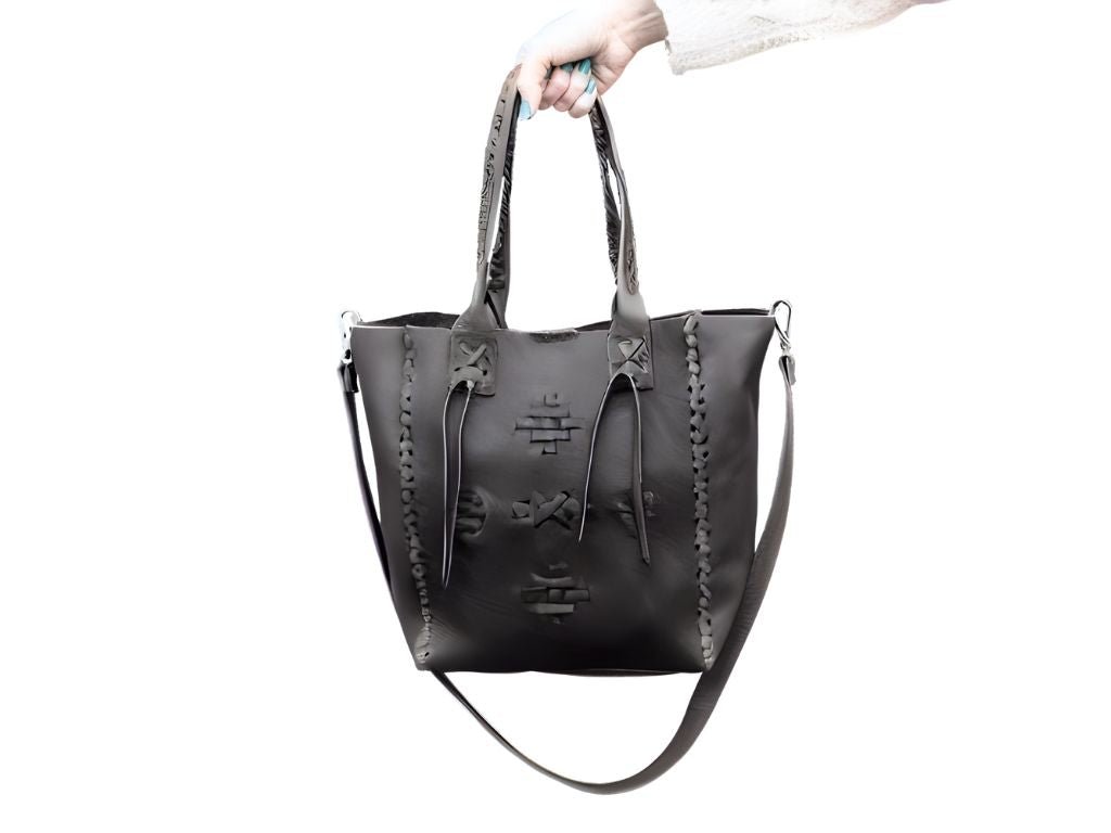 Leather Purse Boho Style Woven DetailingBlackGaucholife