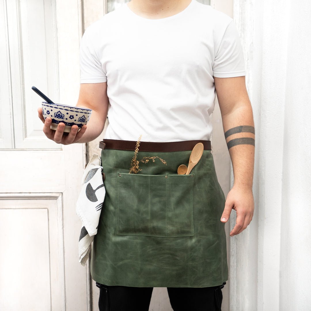 Personalized Half Leather Apron Handmade Adjustable Vegetable - Tanned Leather ApronGreenGaucholife