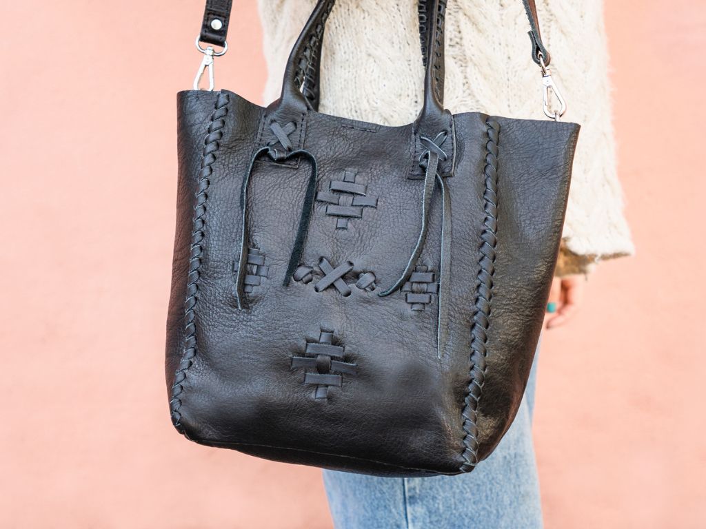 Leather Purse Boho Style Woven DetailingTanGaucholife