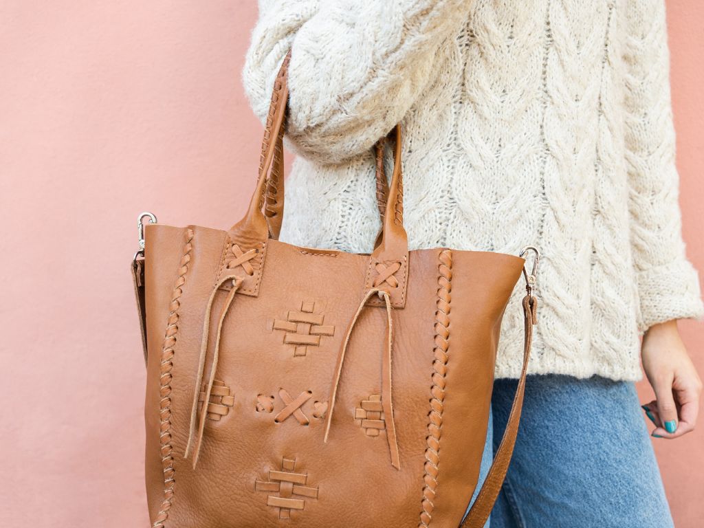 Leather Purse Boho Style Woven DetailingTanGaucholife