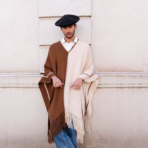 Llama Wool Knitted Poncho (Cream & Brown)