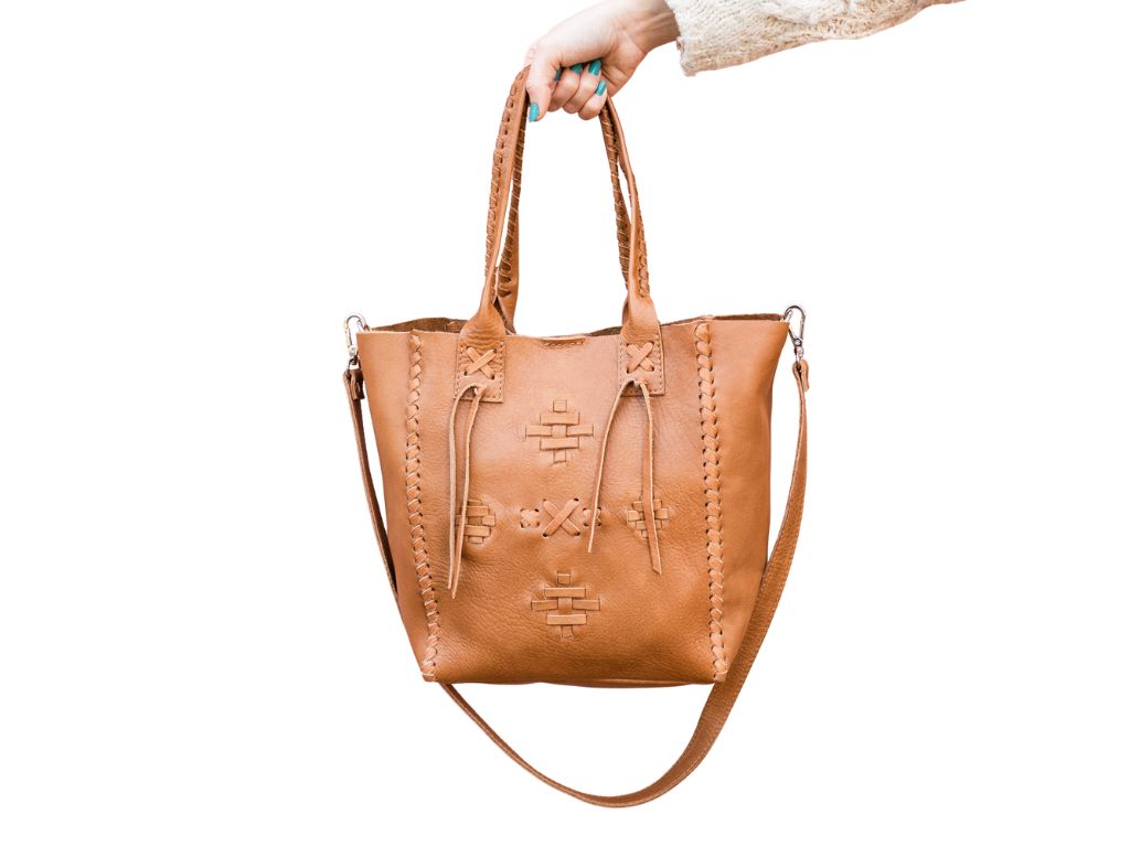 Leather Purse Boho Style Woven DetailingTanGaucholife