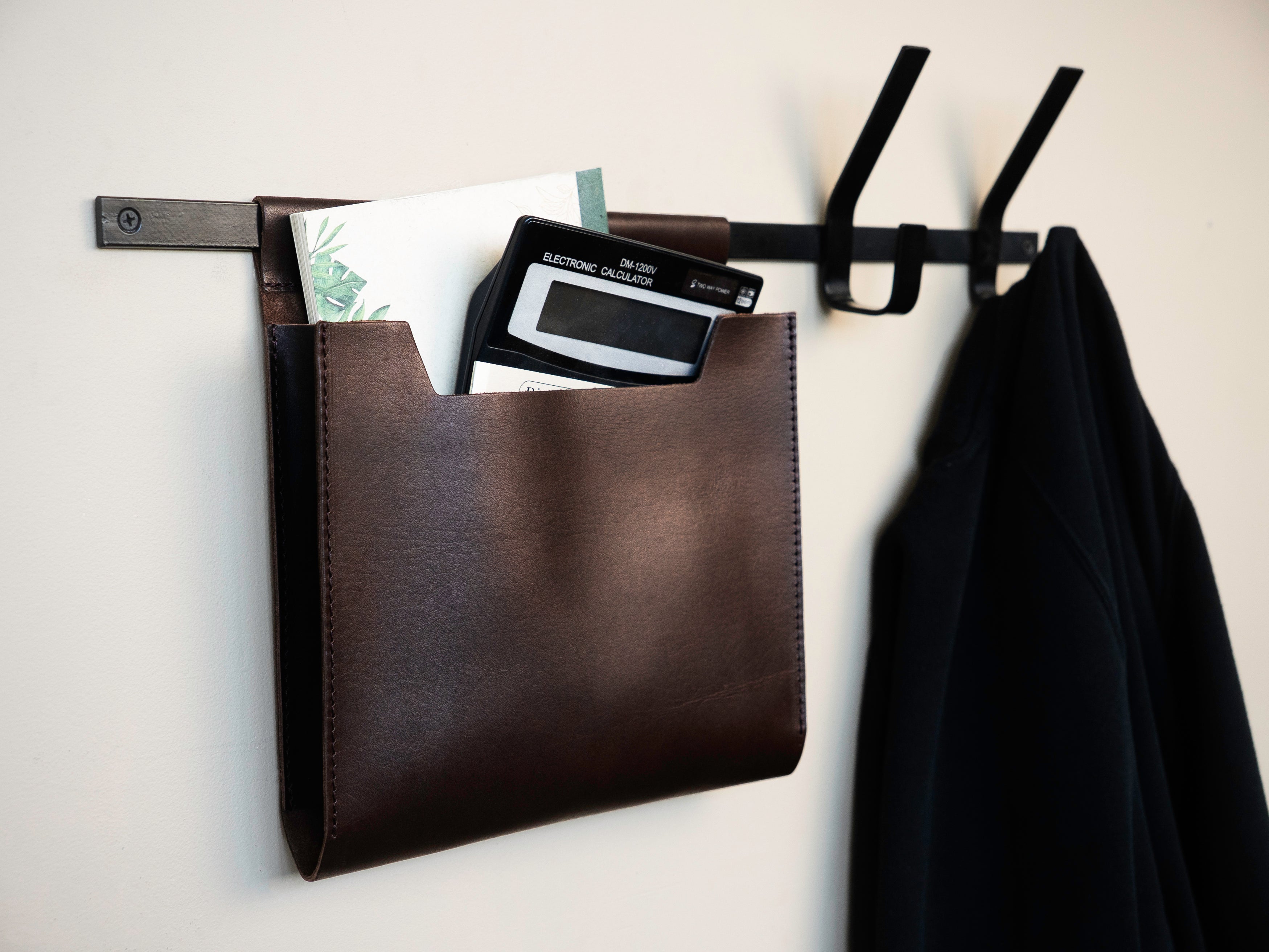 Large Leather Wall Pocket with hooks