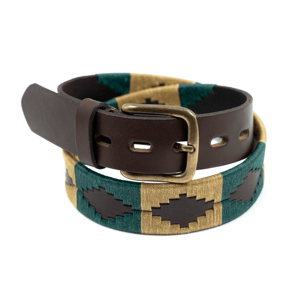 Handmade Leather Belt Woven Tribal Animal Motifs Green Tan Animals of the Wild Patterned Leather Belt - Custom handmade  main image 4