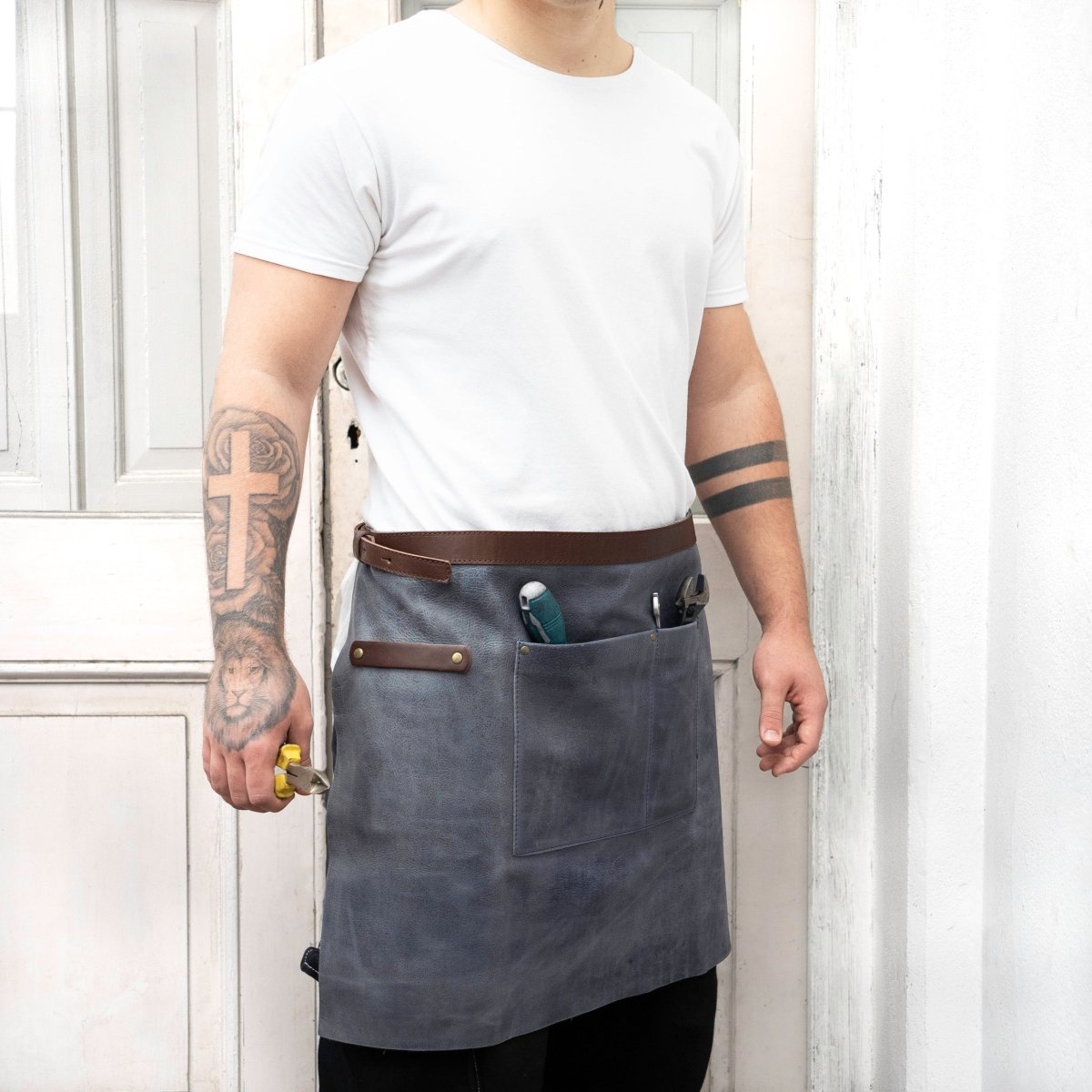 Personalized Half Leather Apron Handmade Adjustable Vegetable - Tanned Leather ApronBlueGaucholife