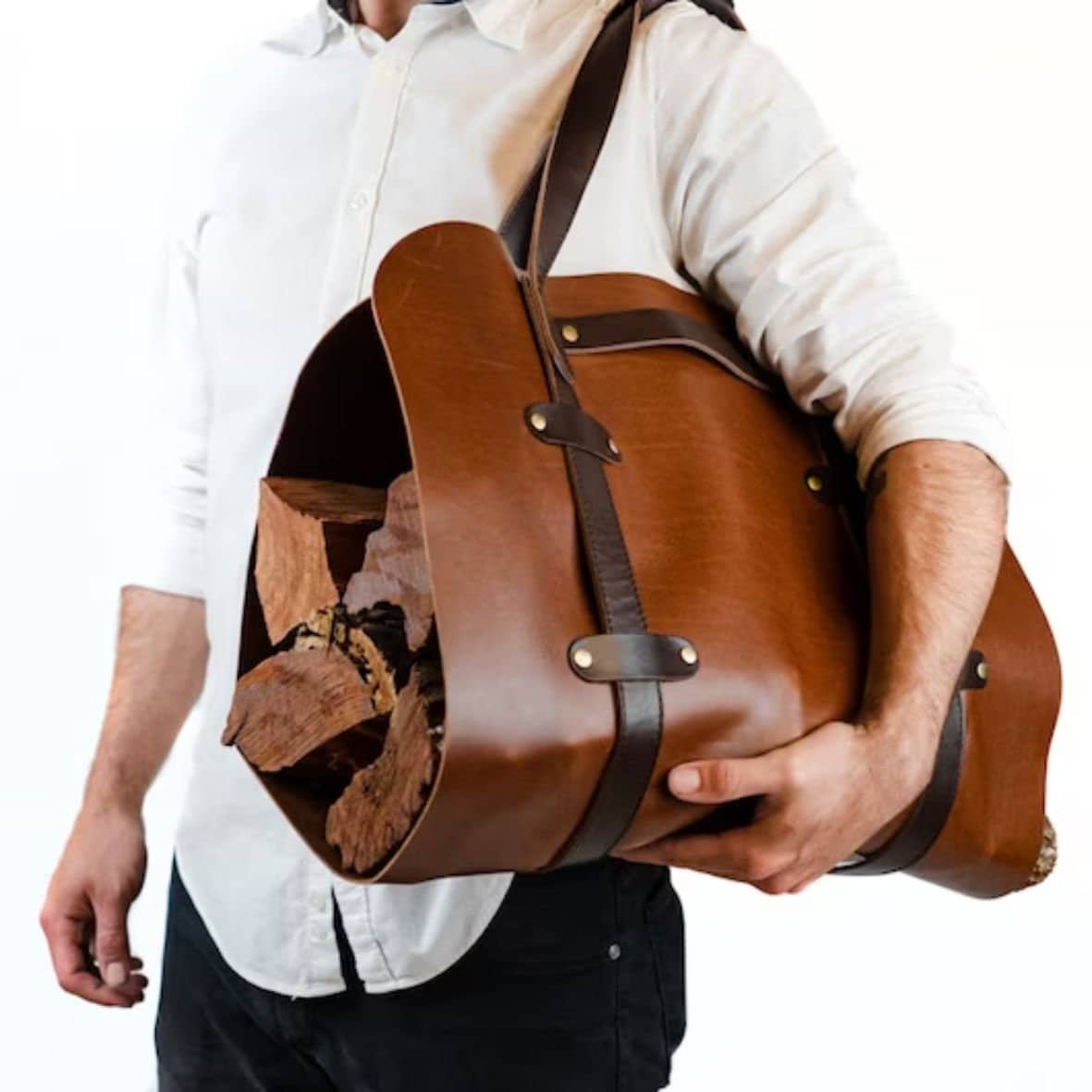 Gaucholife Full Grain Leather Wood Log Carrier with Iron Support