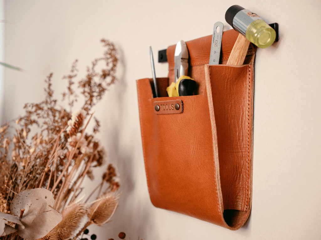 Leather Wall Pocket Caddy | Leather Organizer | Hanging Pencil Holder
