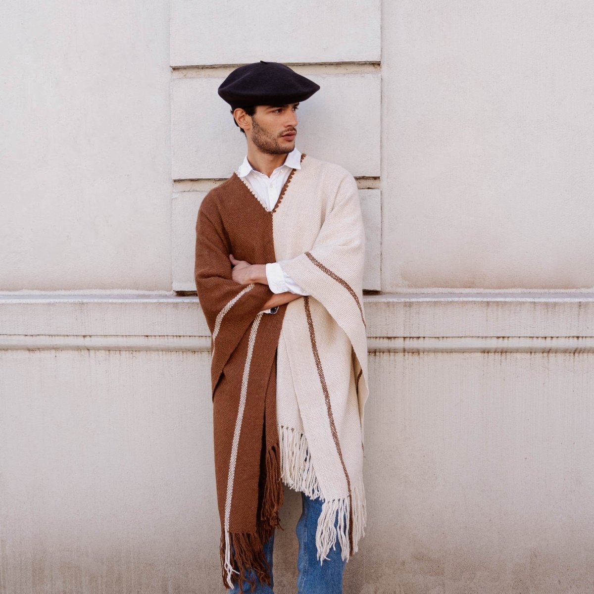 Llama Wool Knitted Poncho (Cream & Brown)Gaucholife