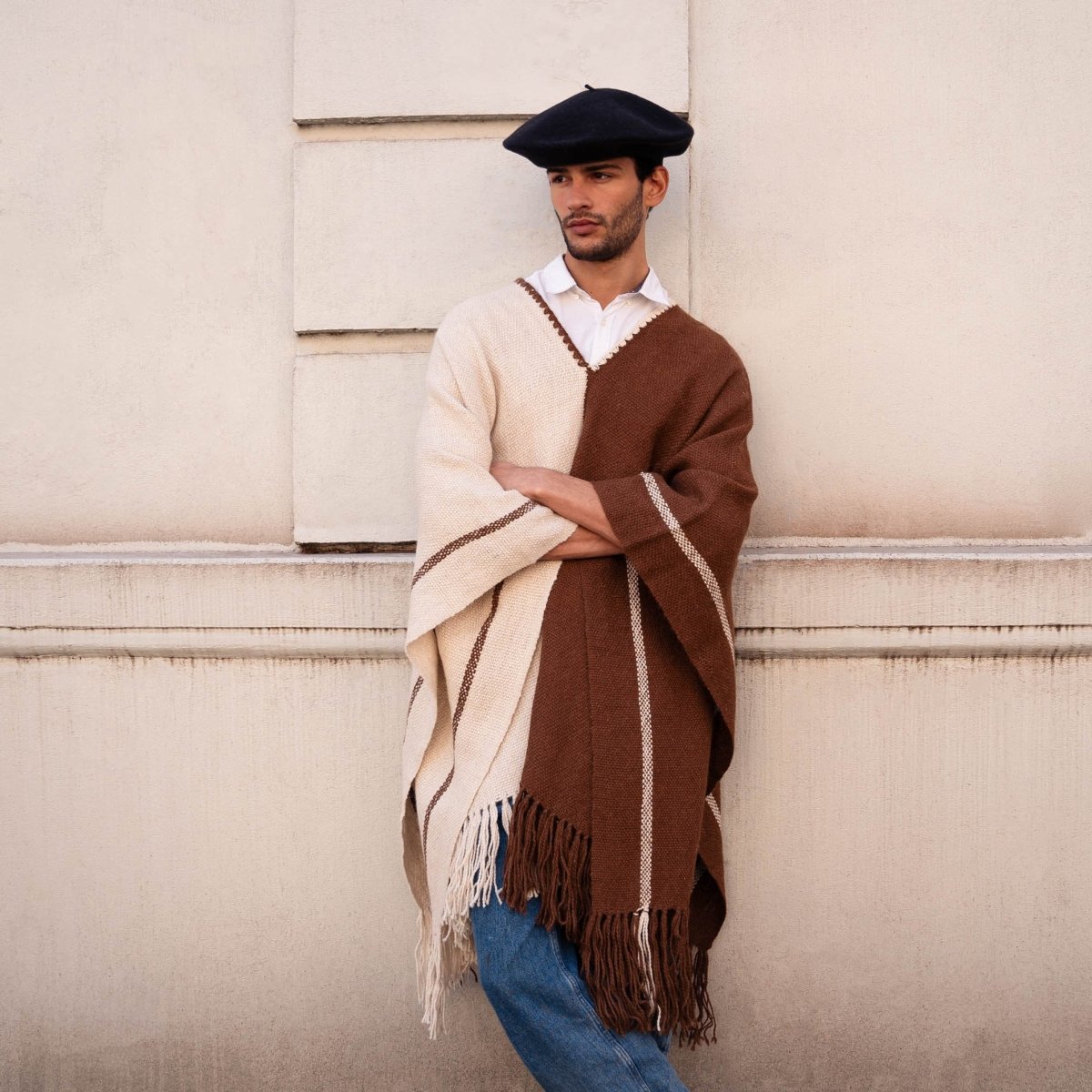 Llama Wool Knitted Poncho (Cream & Brown)Gaucholife