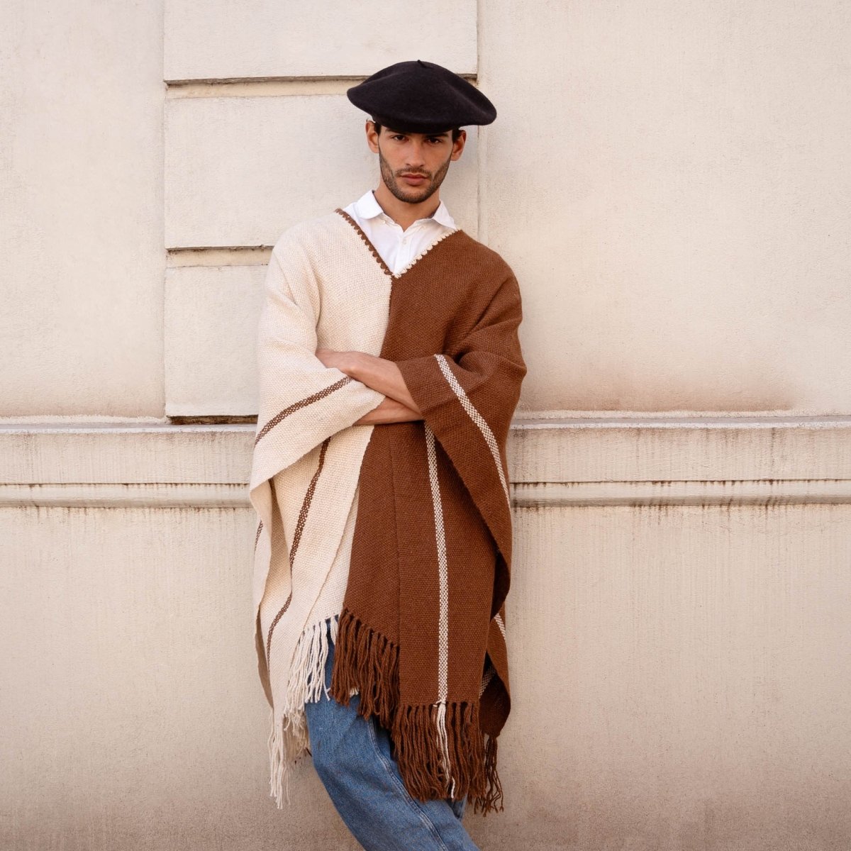 Llama Wool Knitted Poncho (Cream & Brown)Gaucholife