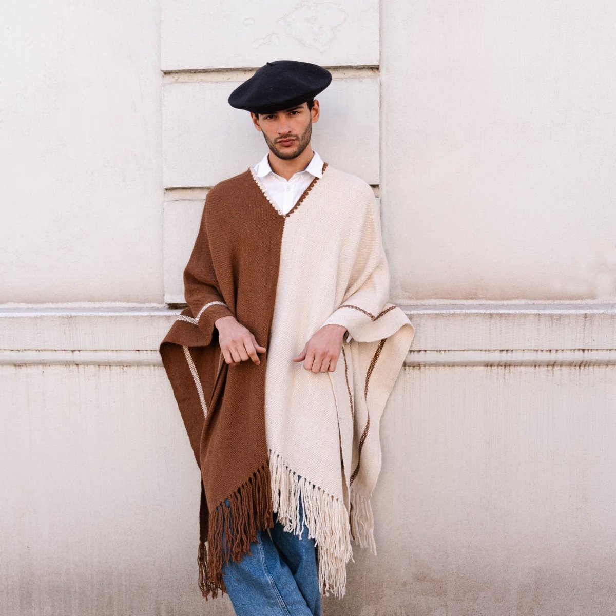 Llama Wool Knitted Poncho (Cream & Brown)Gaucholife