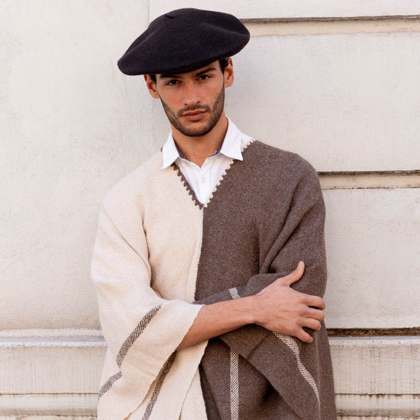 Llama Wool Knitted Poncho (Cream & Gray)